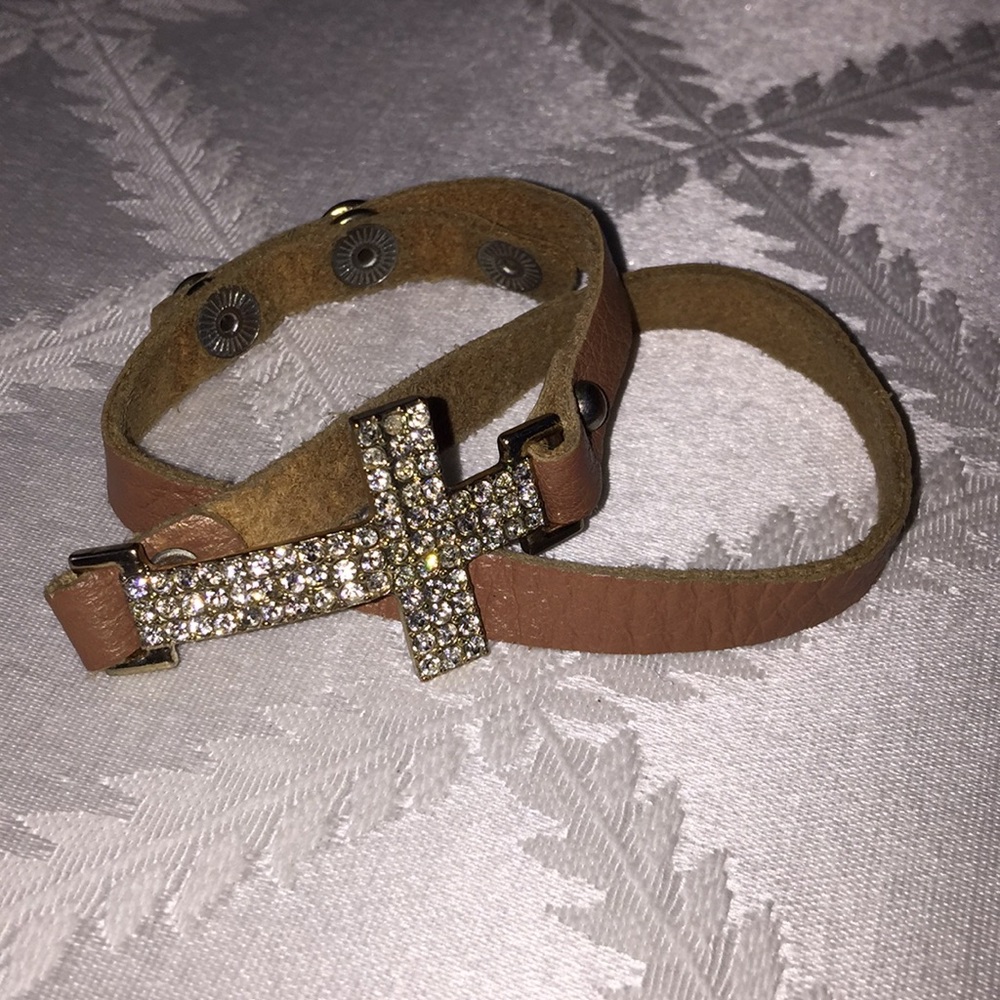 Rhinestone Cross Leather Wrap Bracelet